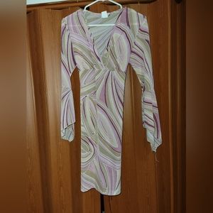 Maria Gabrielle New York Wavy Pattern Bellsleeve Dress - Burgundy & Rose, Sz: L